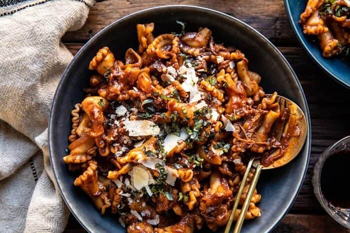 overhead horizontal photo of Slow Cooker Red Wine Braised Short Rib Pasta