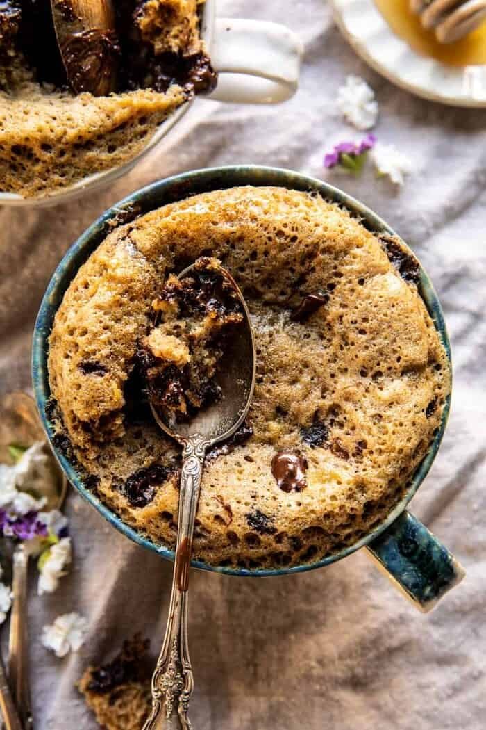 overhead close up photo of 5 Minute Chocolate Chunk Banana Bread Mug Cake