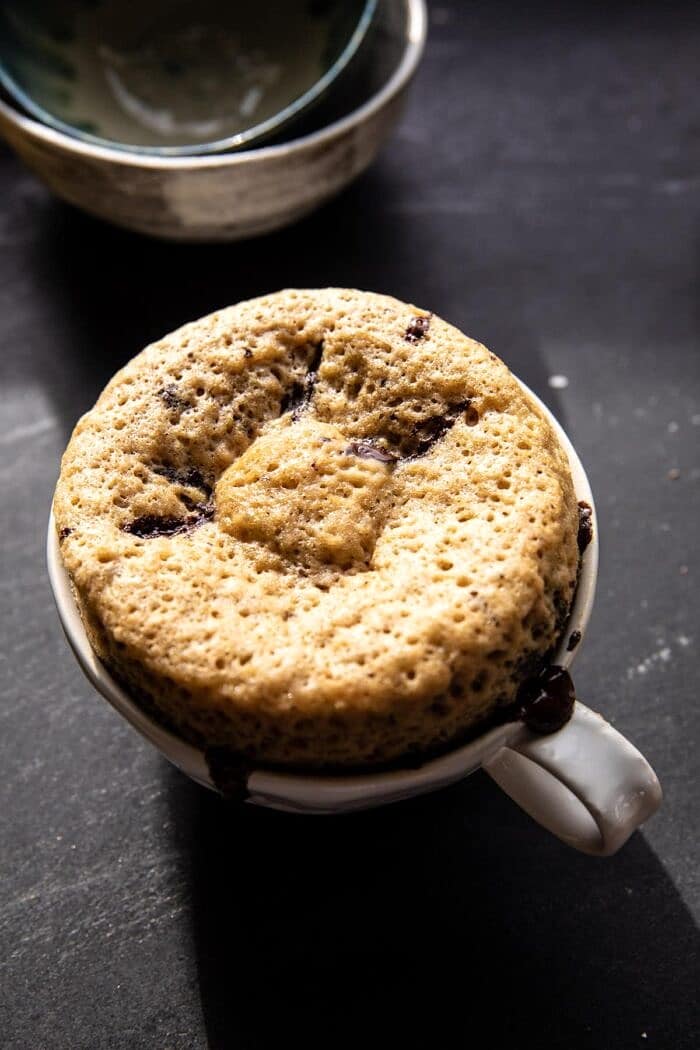 overhead photo fo 5 Minute Chocolate Chunk Banana Bread Mug Cake