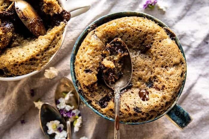 overhead horizontal photo of 5 Minute Chocolate Chunk Banana Bread Mug Cake