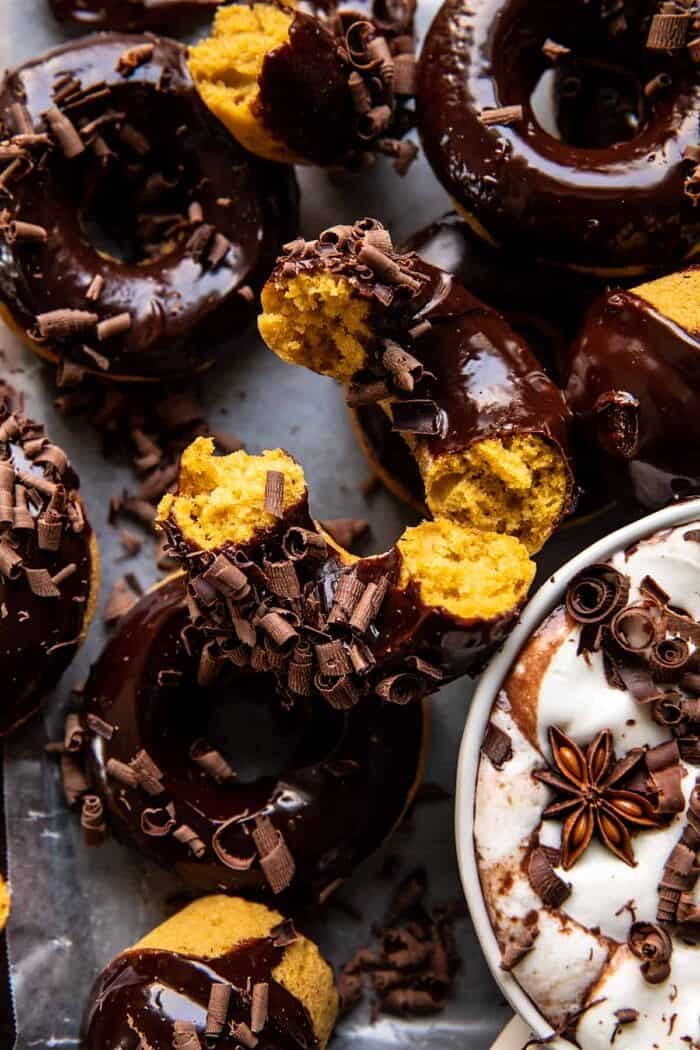 Baked Hot Chocolate Doughnut broken in half