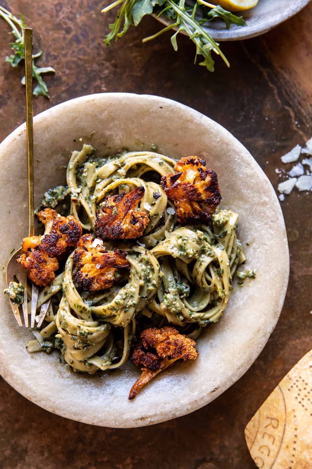 Crispy Roasted Cauliflower with Creamy Pesto Pasta | halfbakedharvest.com