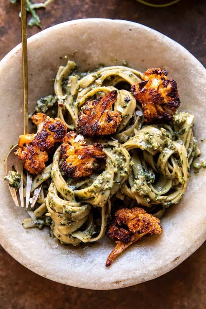Crispy Roasted Cauliflower with Creamy Pesto Pasta | halfbakedharvest.com