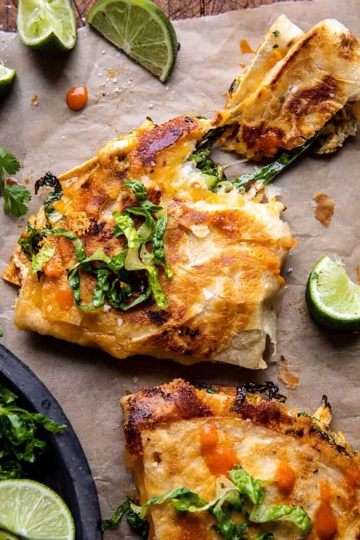 overhead photo of Folded Crispy Buffalo Chicken Wraps