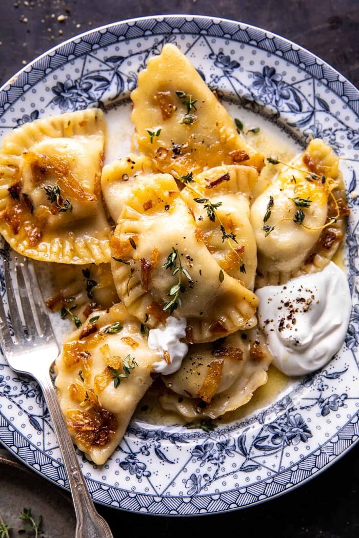 overhead close up photo of Broccoli Cheddar Potato Pierogi 