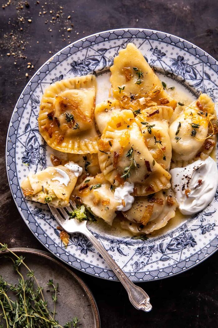 overhead photo of Broccoli Cheddar Potato Pierogi