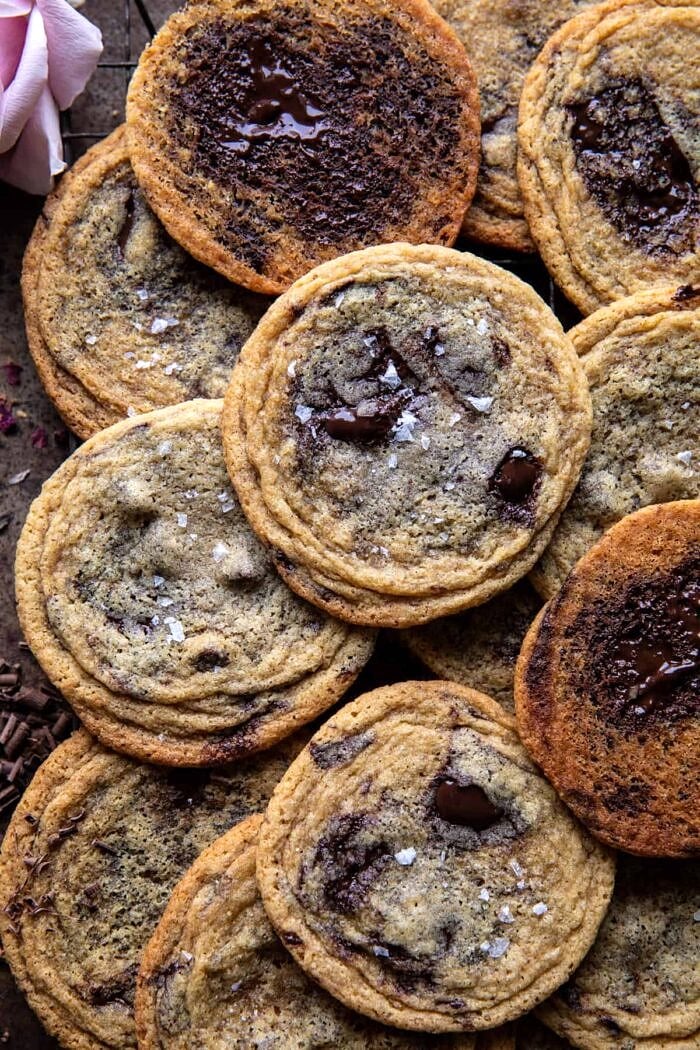 overhead photo of Brown Butter Malted Chocolate Chunk Cookies 