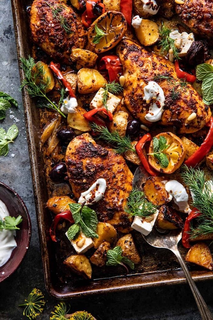 overhead photo of Easy Greek Sheet Pan Chicken Souvlaki and Potatoes