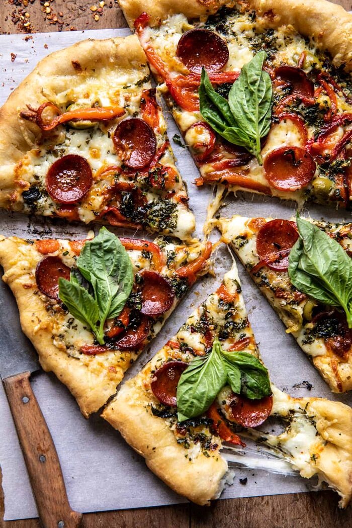 Pesto Pizza with Feta Stuffed Crust | halfbakedharvest.com