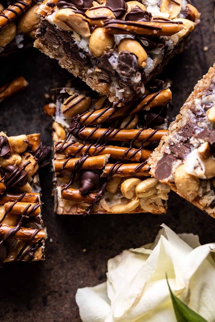 overhead close up photo of Salted Pretzel Magic Bars 