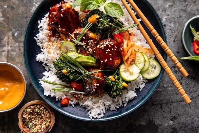 Sheet Pan Sticky Korean Chicken Meatballs | halfbakedharvest.com