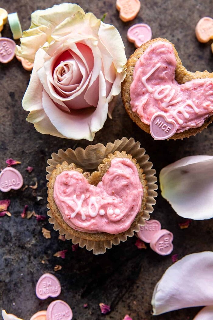 Strawberry Conversation Heart Cupcakes | halfbakedharvest.com