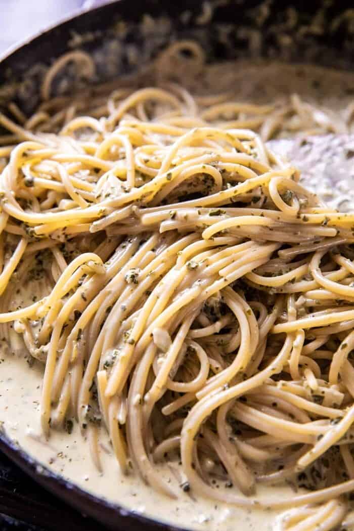Basil Parmesan Pasta with Crispy Chicken, Prosciutto, and Arugula | halfbakedharvest.com
