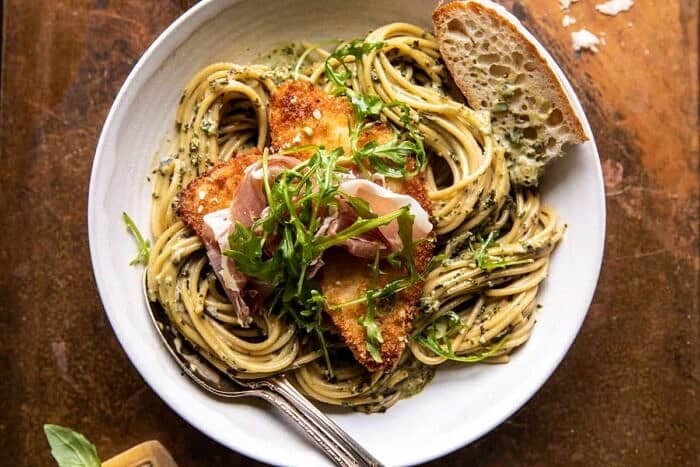 Basil Parmesan Pasta with Crispy Chicken, Prosciutto, and Arugula | halfbakedharvest.com