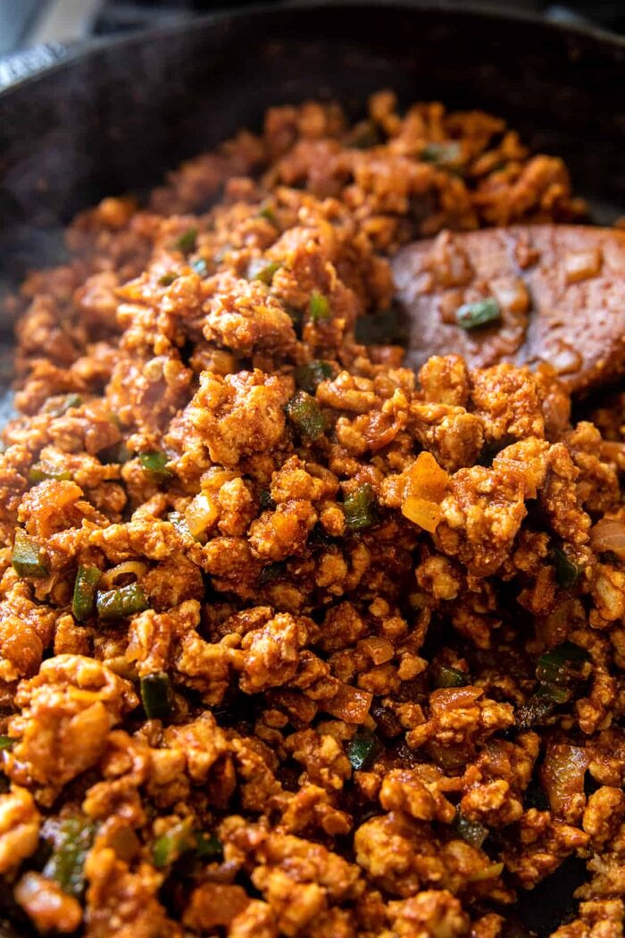 photo of seasoned ground chicken in skillet