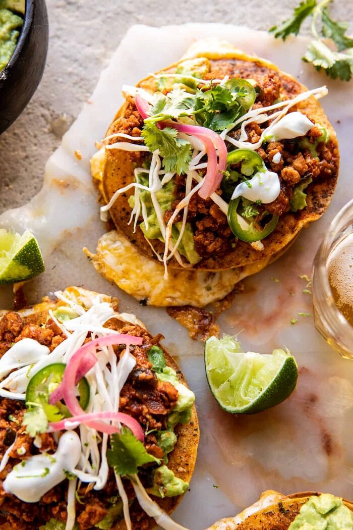 side angled close up photo of Cool Ranch Chicken Tostadadillas with Honey Lime Crema 