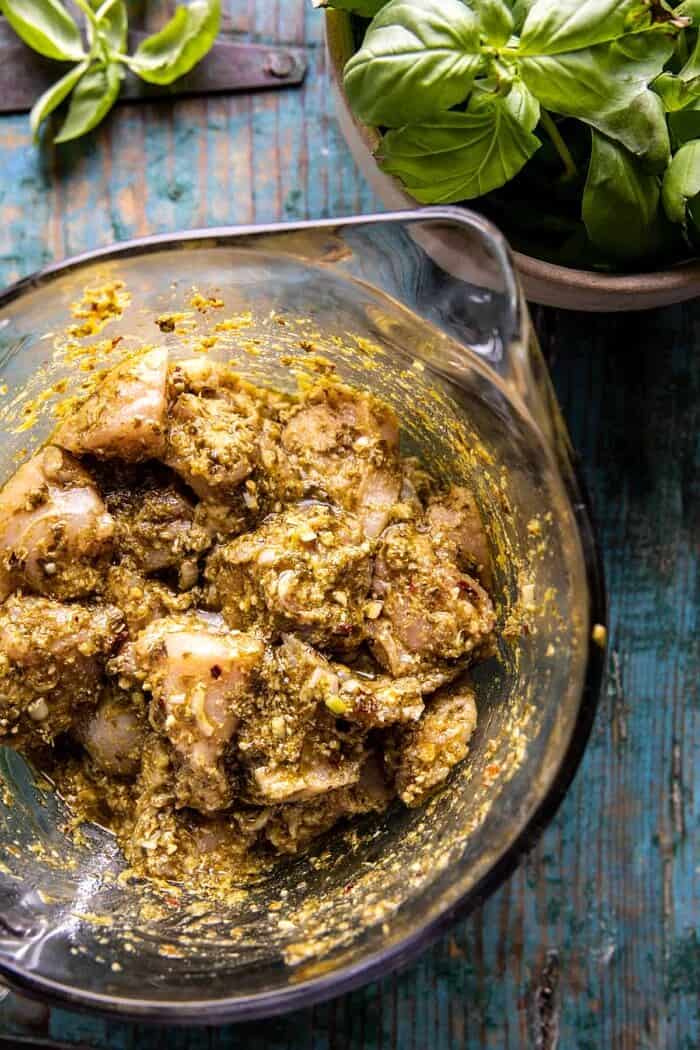 prep photo of pesto chicken in bowl 