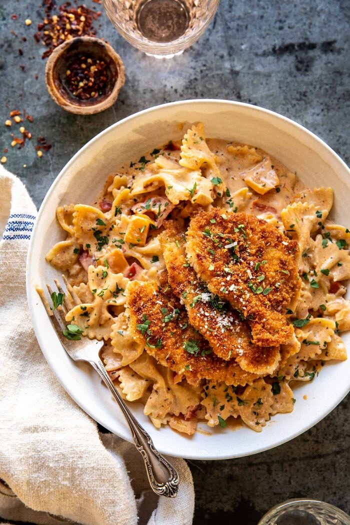 overhead photo of Southern Style Creamy Parmesan Chicken Pasta 