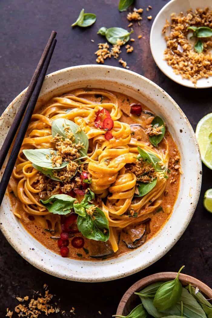 overhead photo of 20 Minute Red Curry Noodles with Fried Coconut Garlic