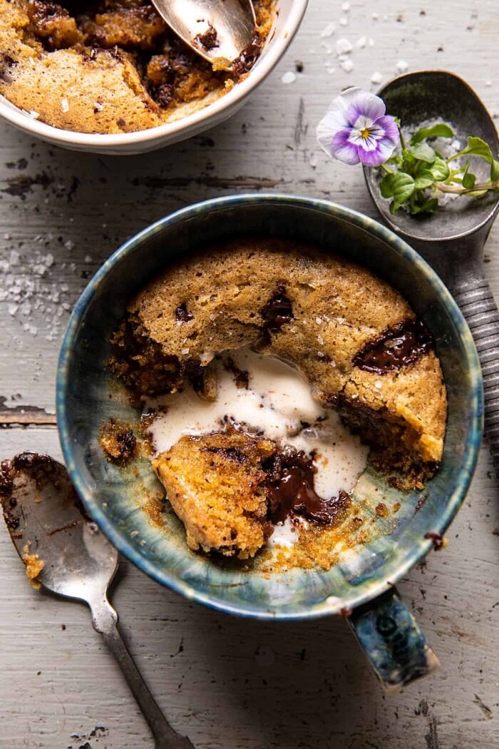 overhead photo of Deep Dish Molten Chocolate Coffee Blondie half eaten 