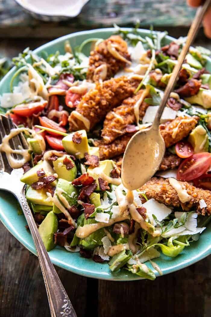 Honey Mustard Pretzel Chicken and Avocado Bacon Salad | halfbakedharvest.com