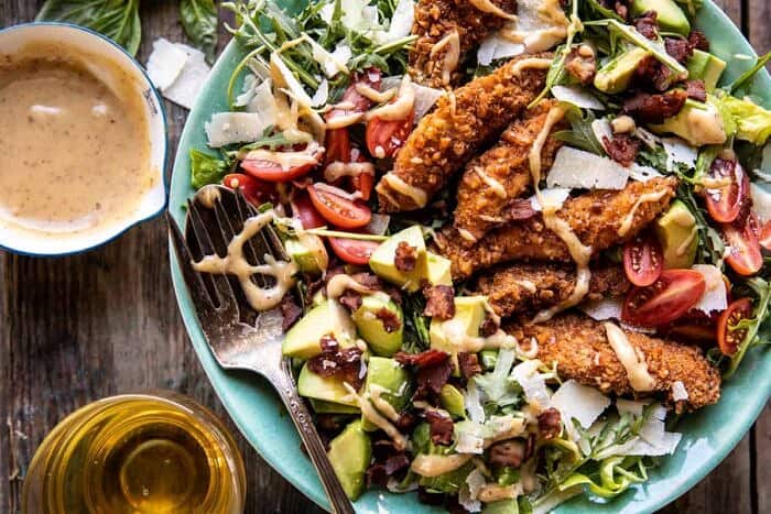 Honey Mustard Pretzel Chicken and Avocado Bacon Salad | halfbakedharvest.com