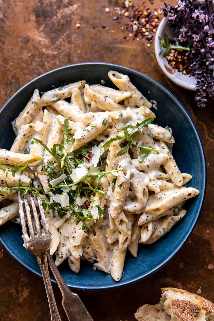 One Pot Creamy Penne Alfredo with Spicy Arugula | halfbakedharvest.com