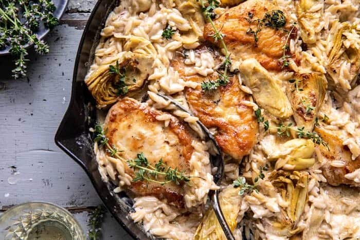 One Skillet Creamy Artichoke Chicken Marsala and Orzo | halfbakedharvest.com