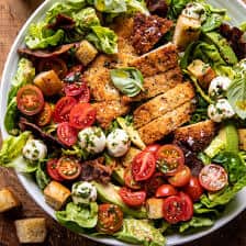 Crispy Italian Chicken and Bacon Salad with Tahini Pesto Dressing and Sourdough Croutons | halfbakedharvest.com