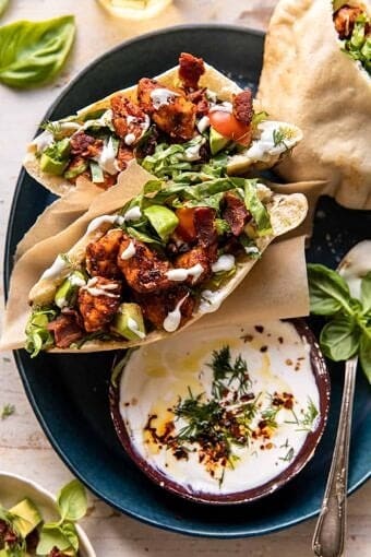Rosemary Chicken and Avocado Bacon Pitas with Honey Feta Sauce | halfbakedharvest.com