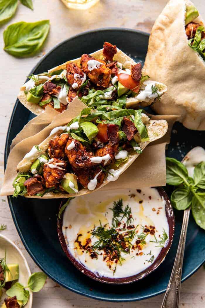 Rosemary Chicken and Avocado Bacon Pitas with Honey Feta Sauce | halfbakedharvest.com