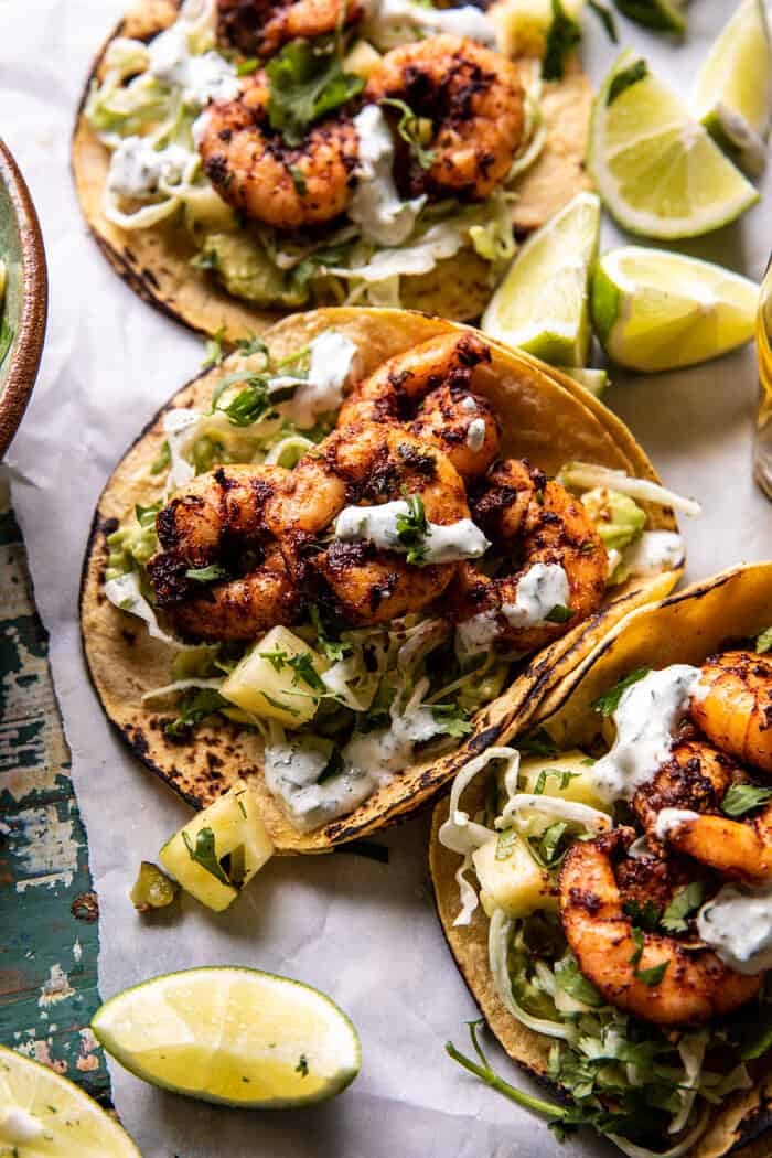 Sheet Pan Jalapeño Pineapple Shrimp Tacos with Cilantro Garlic Sauce | halfbakedharvest.com