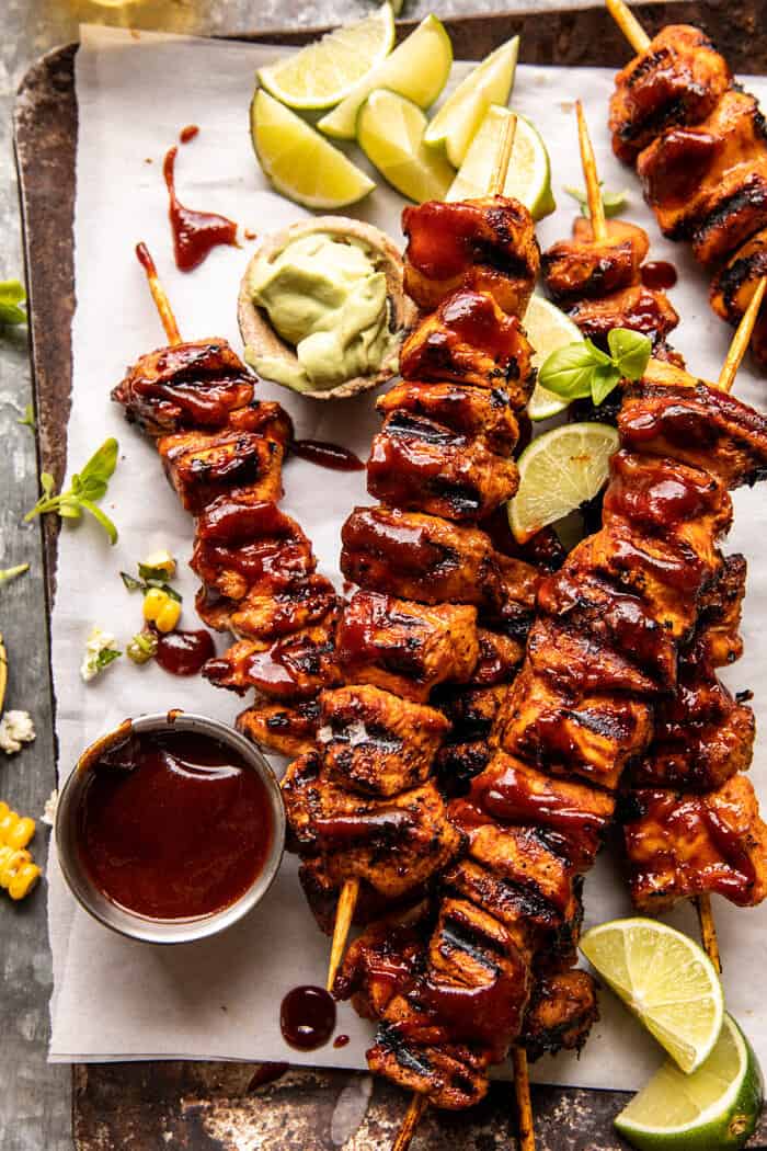 Spicy Beer BBQ Chicken Skewers with Avocado Corn and Feta Salsa | halfbakedharvest.com