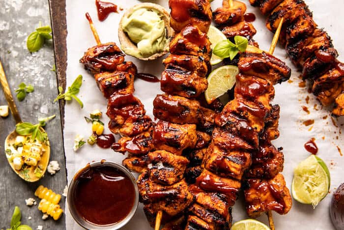 Spicy Beer BBQ Chicken Skewers with Avocado Corn and Feta Salsa | halfbakedharvest.com