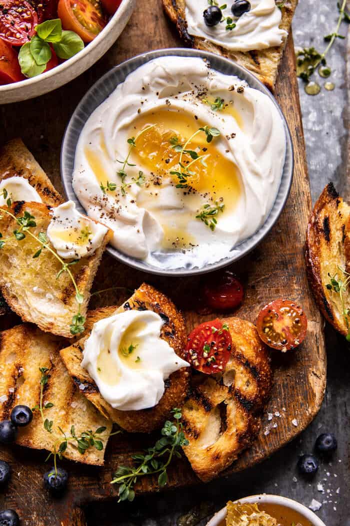 Whipped Ricotta Toast with Marinated Tomatoes and Lemon Thyme Honey | halfbakedharvest.com
