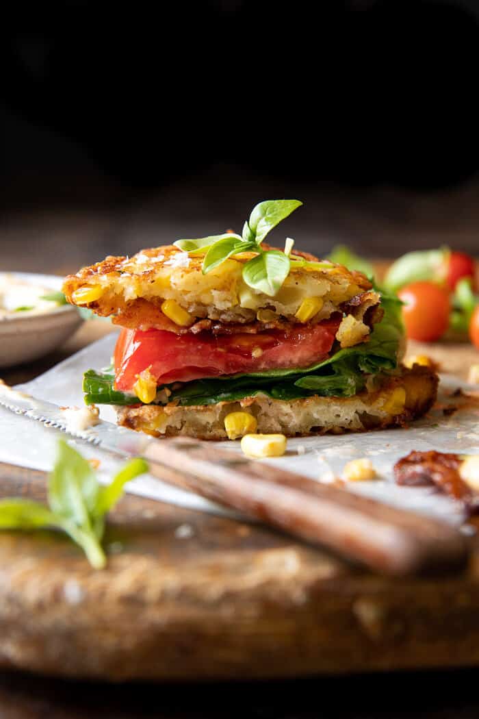 BLT Corn Fritter Stacks | halfbakedharvest.com