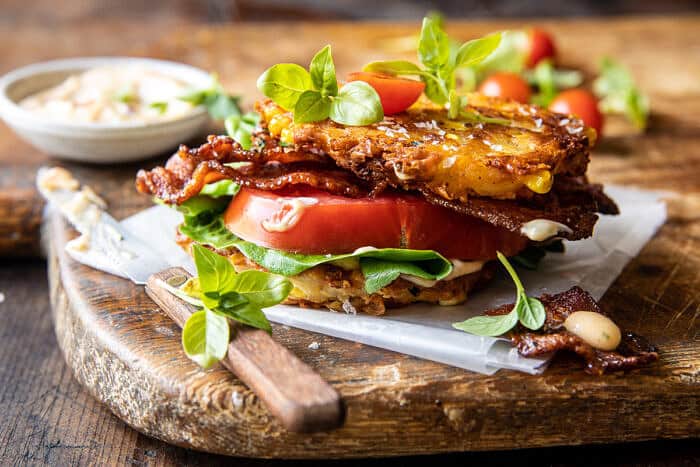BLT Corn Fritter Stacks | halfbakedharvest.com