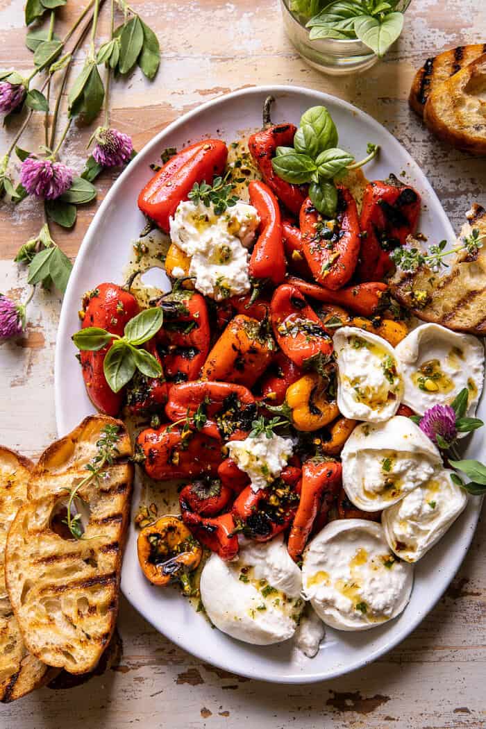Charred Baby Bell Peppers with Burrata | halfbakednharvest.com