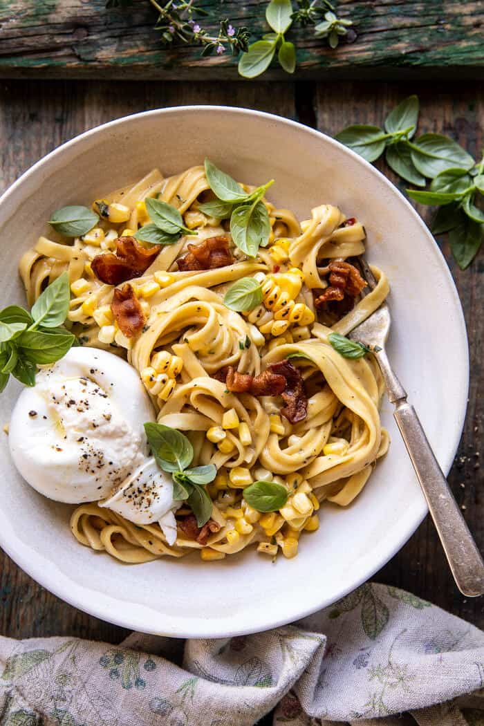 Garlic Herb Corn Carbonara with Burrata | halfbakedharvest.com