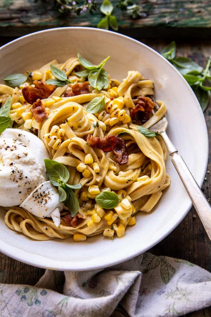 Garlic Herb Corn Carbonara with Burrata | halfbakedharvest.com