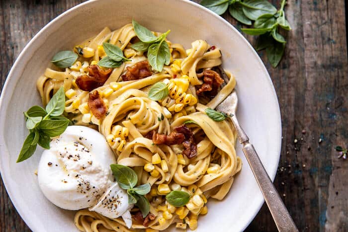 Garlic Herb Corn Carbonara with Burrata | halfbakedharvest.com