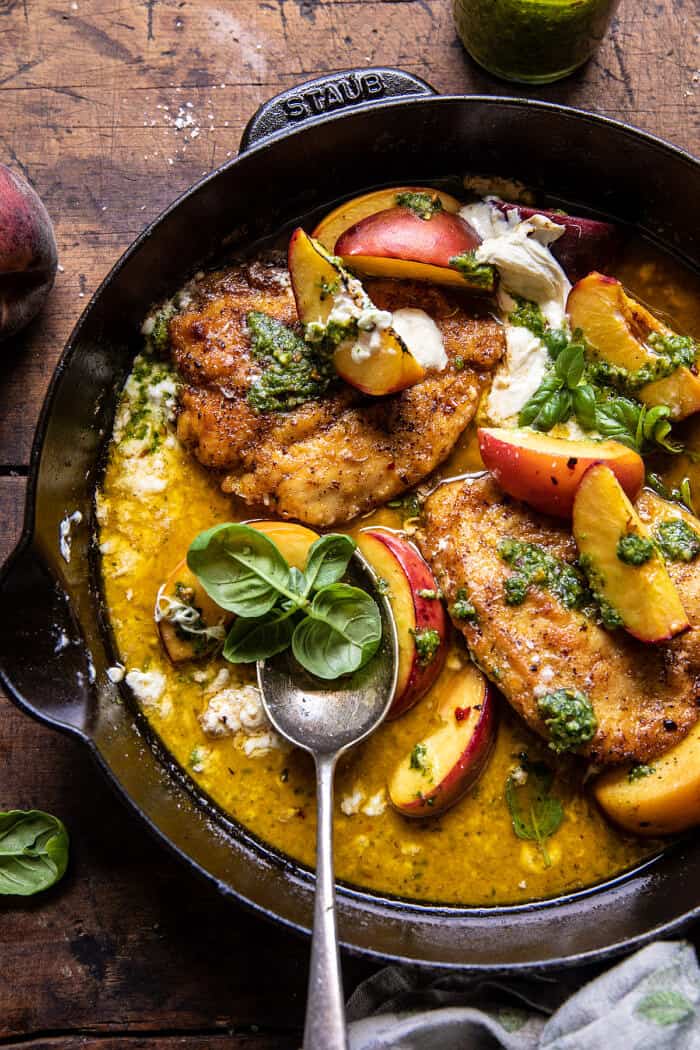 Pesto Peach Chicken in White Wine with Burrata | halfbakedharvest.com