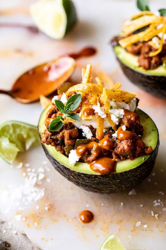 Taco Stuffed Avocados with Chipotle Sauce and Cilantro Lime Ranch | halfbakedharvest.com