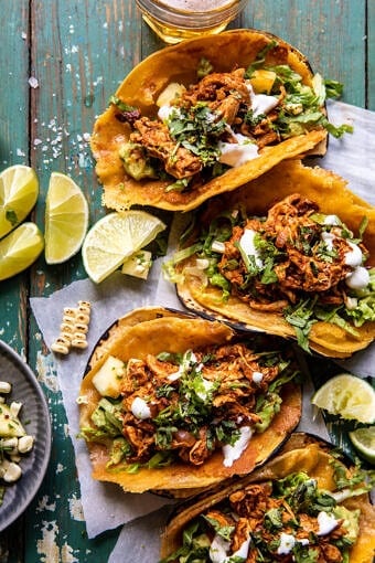 30 Minute Crispy Cheese Chicken Tinga Tacos with Pineapple Salsa | halfbakedharvest.com