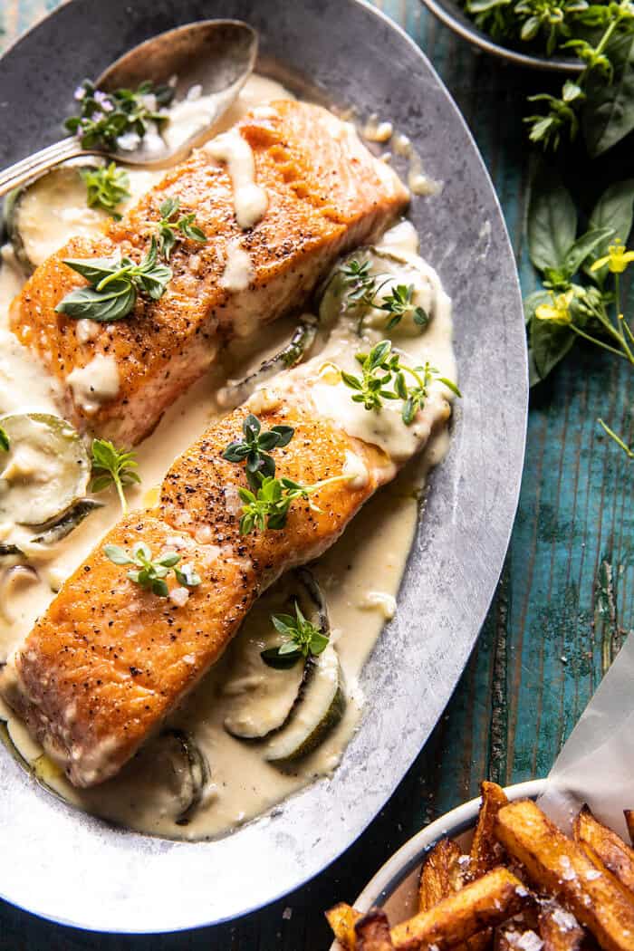 Creamed Feta Garlic Herb Butter Salmon | halfbakedharvest.com