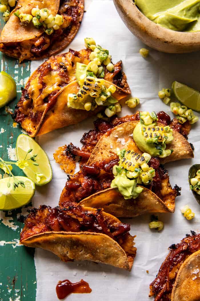 Crispy Chipotle BBQ Chicken Tacos with Creamy Charred Corn Salsa | halfbakedharvest.com 