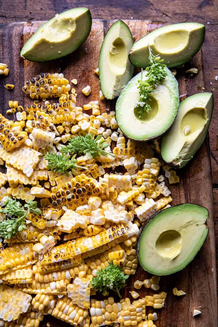 Honey Garlic Shrimp, Corn, and Avocado Bacon Salad | halfbakedharvest.com