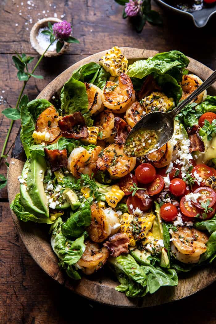 Honey Garlic Shrimp, Corn, and Avocado Bacon Salad | halfbakedharvest.com