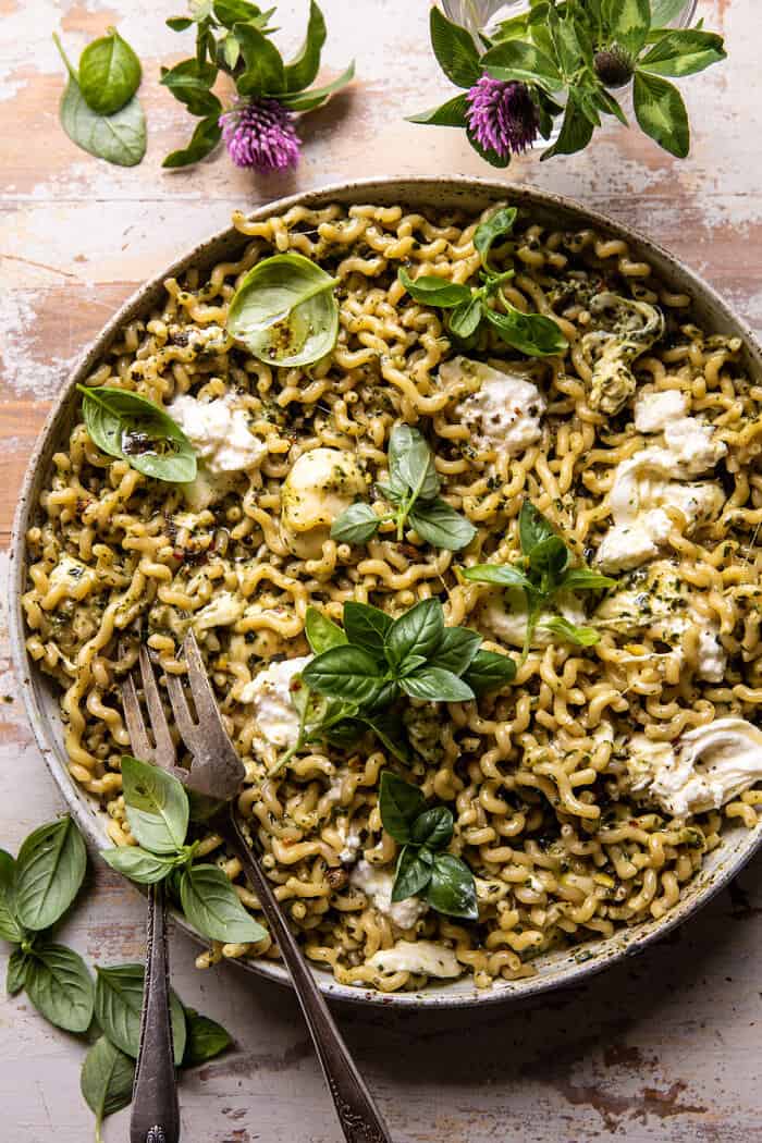 One Pot Melty Burrata Lemon Pesto Pasta | halfbakedharvest.com