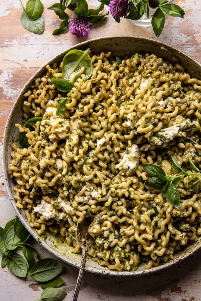 One Pot Melty Burrata Lemon Pesto Pasta | halfbakedharvest.com